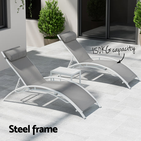 Keppel 3 Piece Sun Lounge Set, White Steel