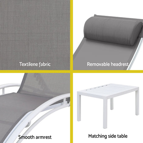 Keppel 3 Piece Sun Lounge Set, White Steel