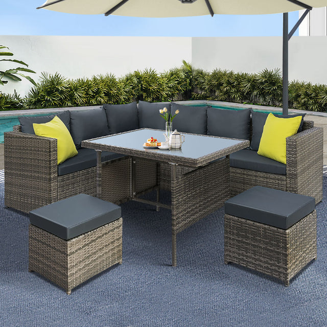 Gardeon Outdoor Wicker Dining Set with Aluminium Table Grey with Cushions — Allure Home Collections