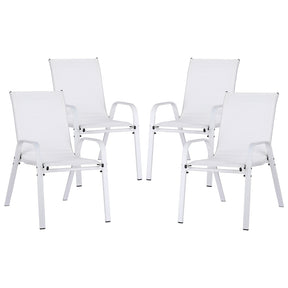 Kawana stackable outdoor dining chairs in white grey or black 4pcs on a patio