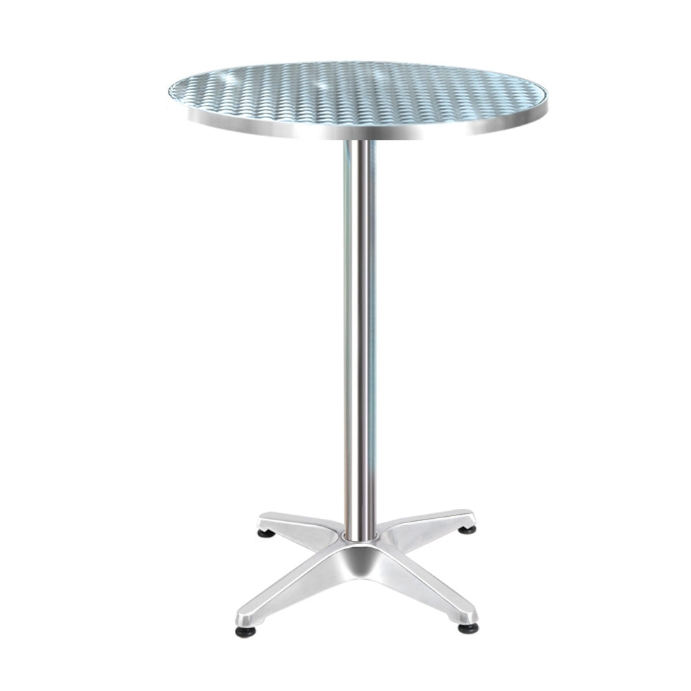 Bowen round silver aluminium outdoor bar table in an outdoor setting