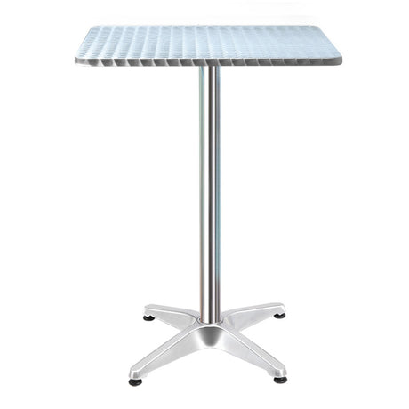 Bowen square silver aluminium outdoor bar table in an outdoor setting