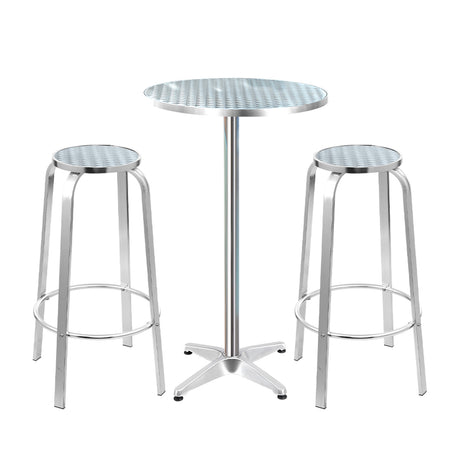 3 Piece Outdoor Bar Set Adjustable Table and Stools Silver