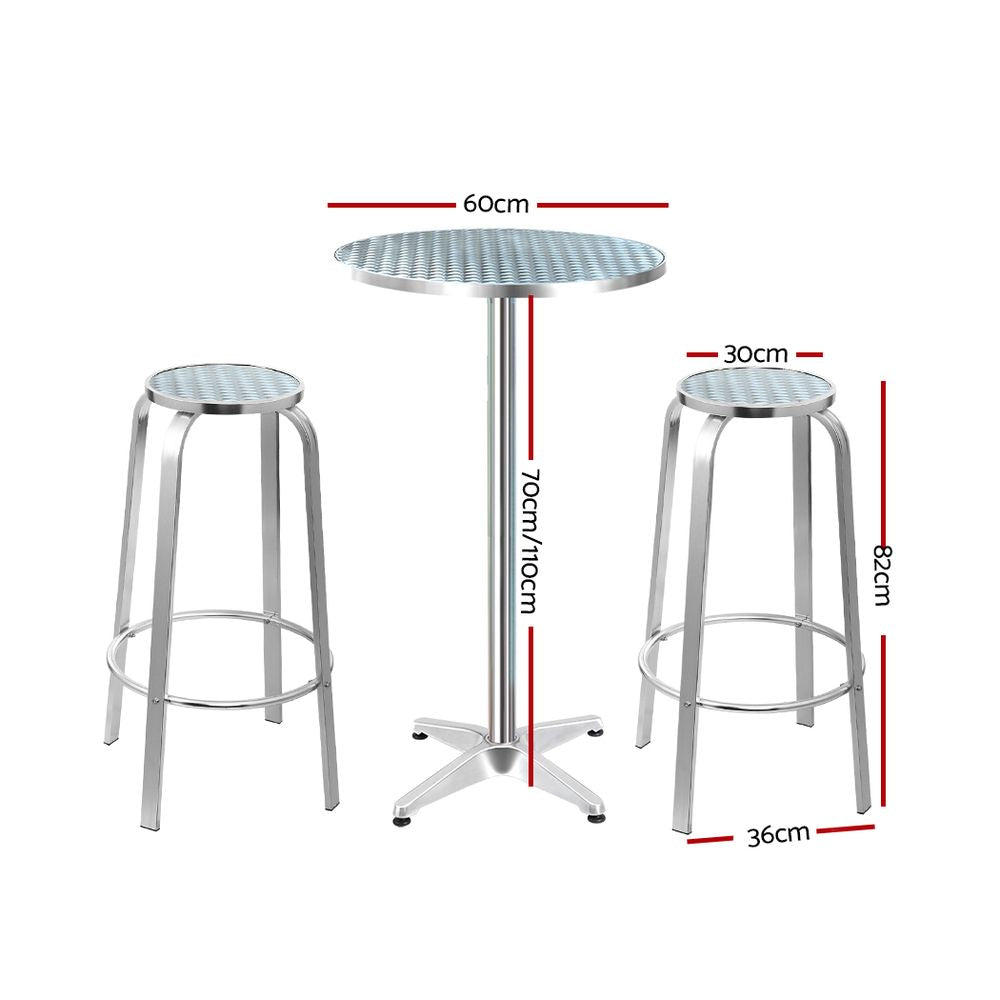 3 Piece Outdoor Bar Set Adjustable Table and Stools Silver