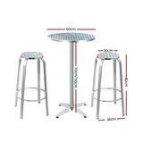 3 Piece Outdoor Bar Set Adjustable Table and Stools Silver