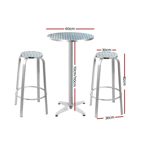 3 Piece Outdoor Bar Set Adjustable Table and Stools Silver