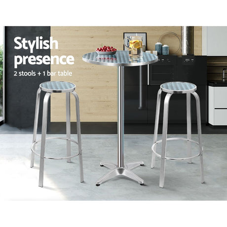 3 Piece Outdoor Bar Set Adjustable Table and Stools Silver