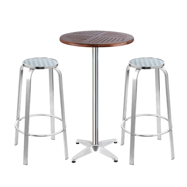 Dunns Creek silver aluminium outdoor bar set with two stools and adjustable table