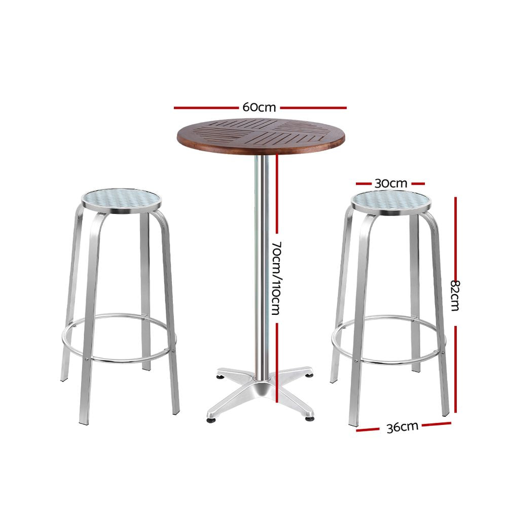 Dunns Creek silver aluminium outdoor bar set with two stools and adjustable table