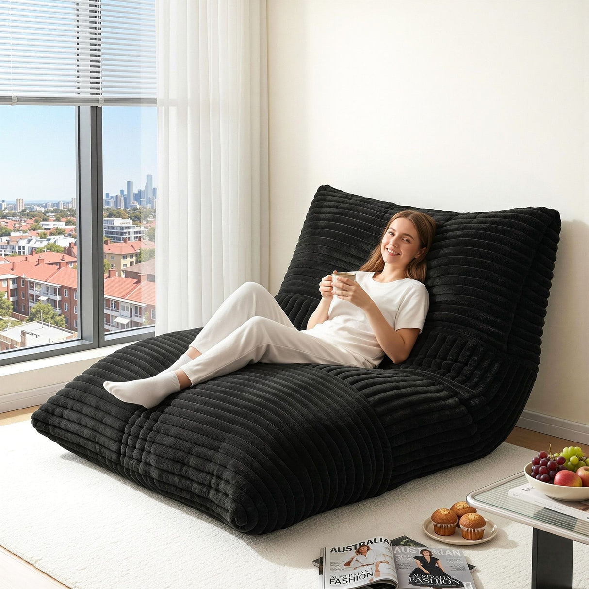 Leura dark grey 3 in 1 convertible bean bag chair in a relaxed living room