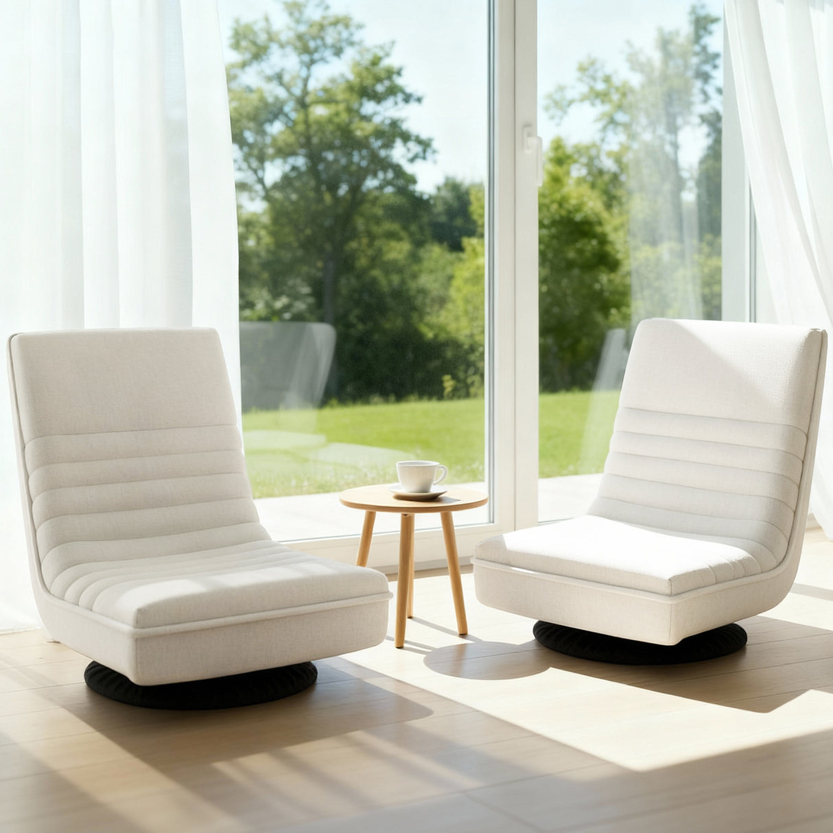 Blackheath white faux linen swivel floor chair in a modern living room