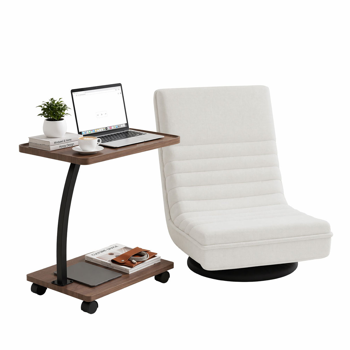 Wentworth Falls Floor Chair and Mobile Side Table Set, White