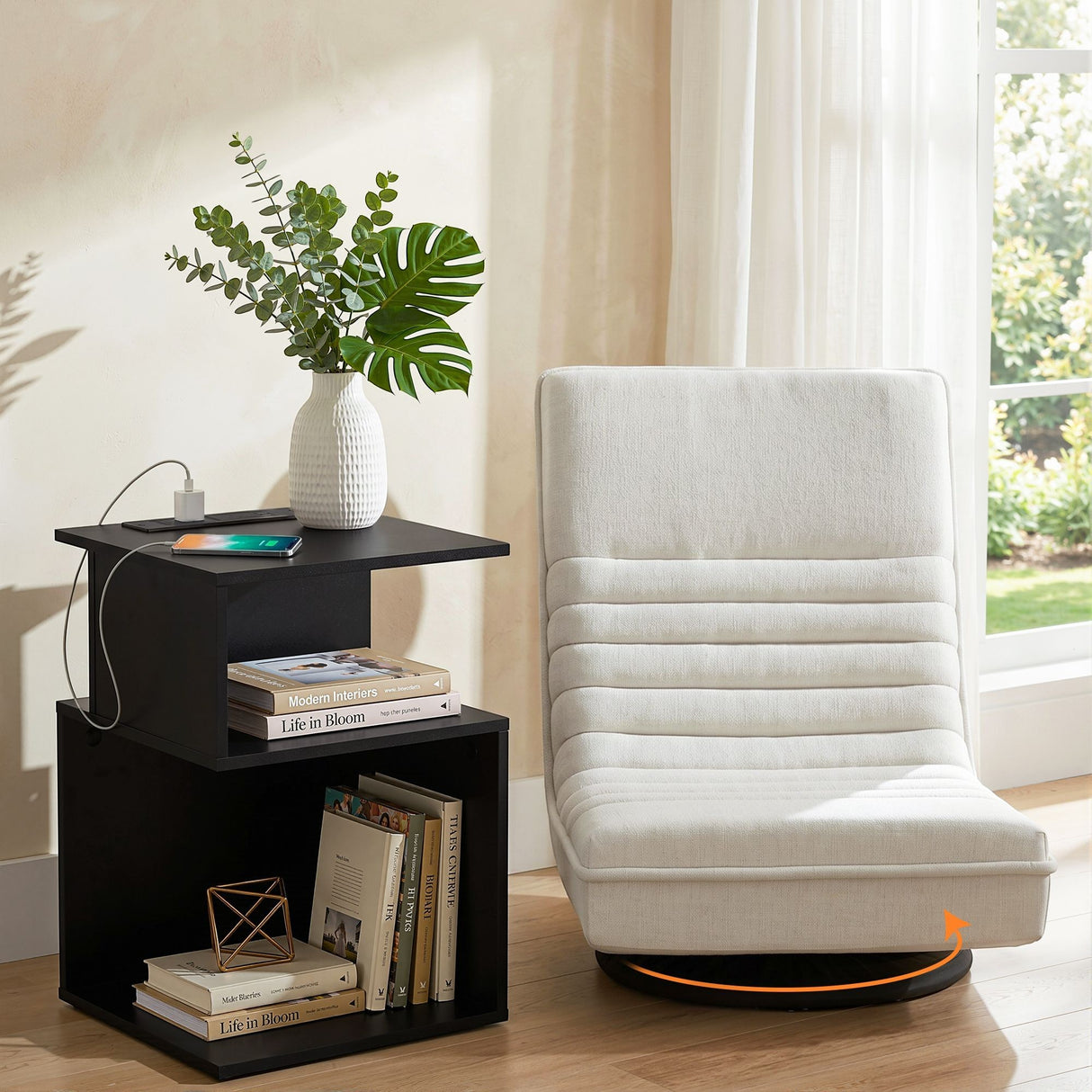 Wentworth Falls white faux linen floor chair in a modern living room