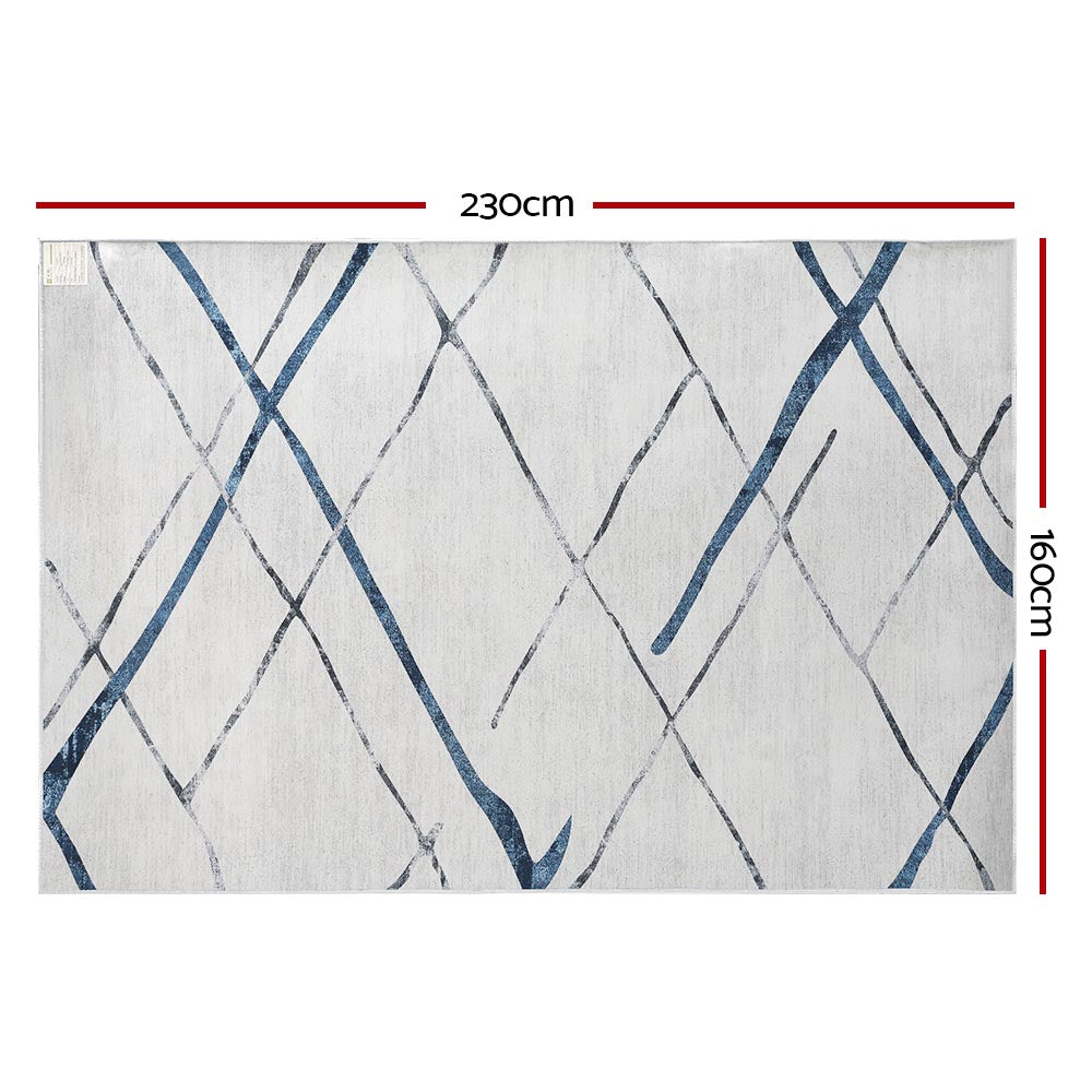 Geometric short pile flannel floor rug in blue grey