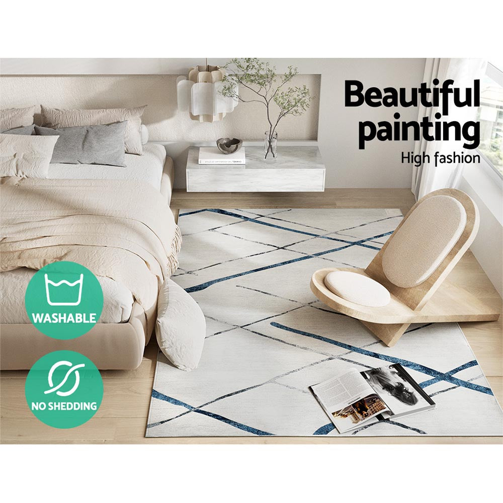 Geometric short pile flannel floor rug in blue grey
