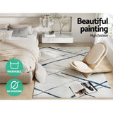 Geometric short pile flannel floor rug in blue grey