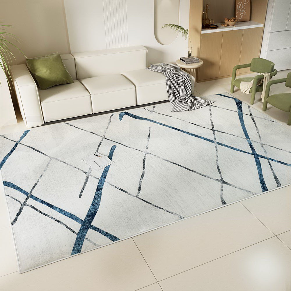 Geometric short pile flannel floor rug blue and grey 200x290cm