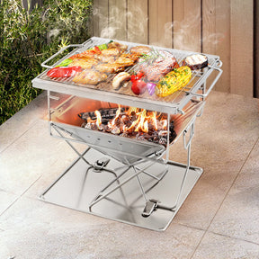 Cheynes camping fire pit BBQ grill bridge design with carry bag in stainless steel
