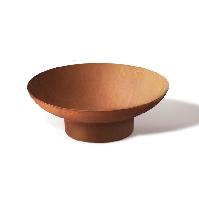 Port Elliot 80cm rustic steel fire pit bowl with a patinated rusted finish in a garden
