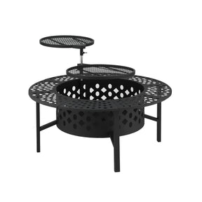 Stokes Bay 91cm 3 in 1 steel fire pit, BBQ and table with star cut out design in a backyard