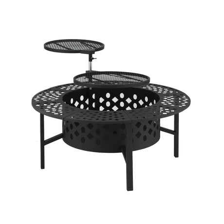 Stokes Bay 91cm 3 in 1 steel fire pit, BBQ and table with star cut out design in a backyard