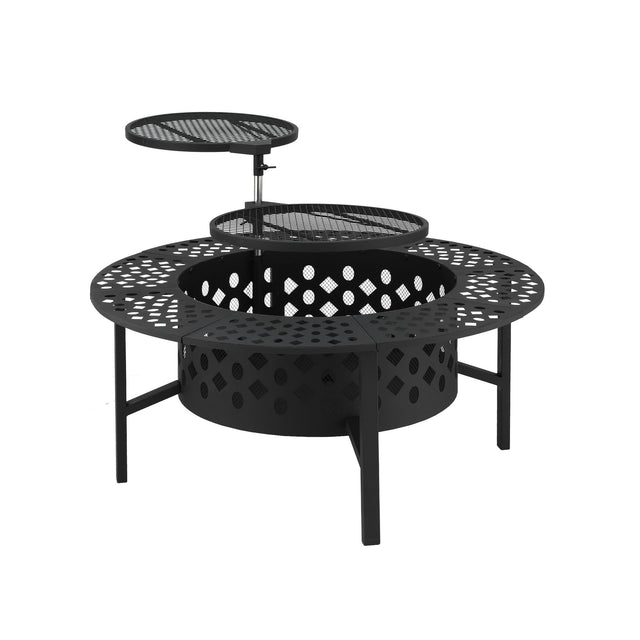 Stokes Bay 91cm 3 in 1 steel fire pit, BBQ and table with star cut out design in a backyard