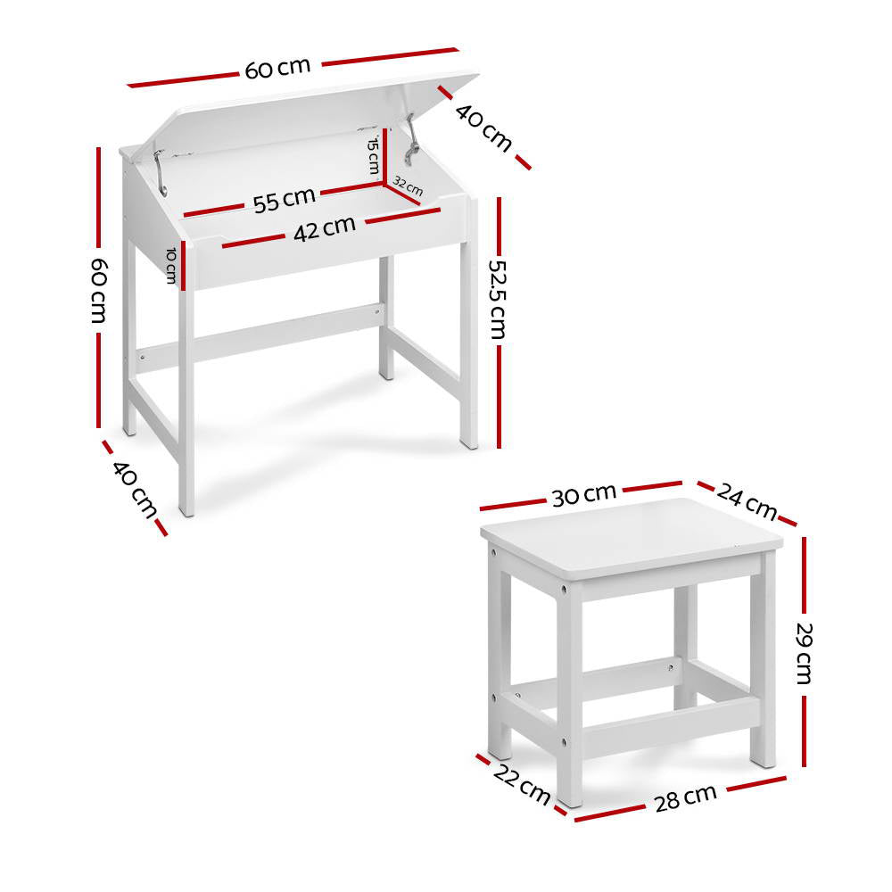 Kids Lift Top Desk and Stool Set, White