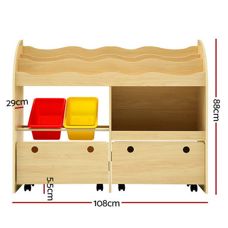 Kids Bookshelf with Storage Bins and Drawers, 3 Tier Natural