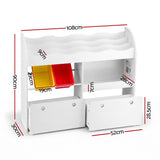 Natural wood tone 3 tier kids bookshelf with storage bins and drawers on lockable wheels