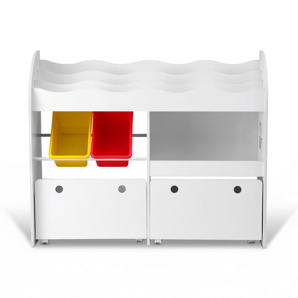 Natural wood tone 3 tier kids bookshelf with storage bins and drawers on lockable wheels