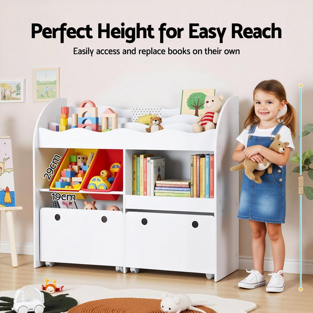 Natural wood tone 3 tier kids bookshelf with storage bins and drawers on lockable wheels