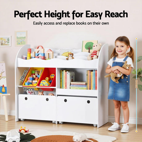 Natural wood tone 3 tier kids bookshelf with storage bins and drawers on lockable wheels