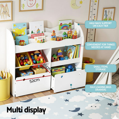 Natural wood tone 3 tier kids bookshelf with storage bins and drawers on lockable wheels