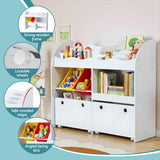 Natural wood tone 3 tier kids bookshelf with storage bins and drawers on lockable wheels