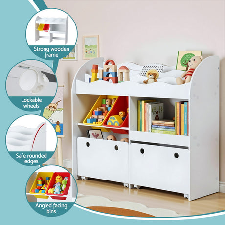 Natural wood tone 3 tier kids bookshelf with storage bins and drawers on lockable wheels