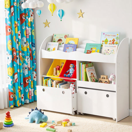 Natural wood tone 3 tier kids bookshelf with storage bins and drawers on lockable wheels