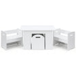 Three piece kids table and chairs set with sliding storage box in white