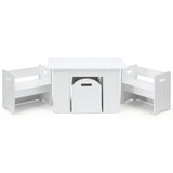 Three piece kids table and chairs set with sliding storage box in white