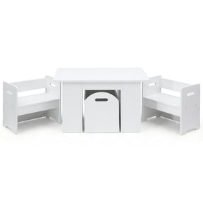 Three piece kids table and chairs set with sliding storage box in white