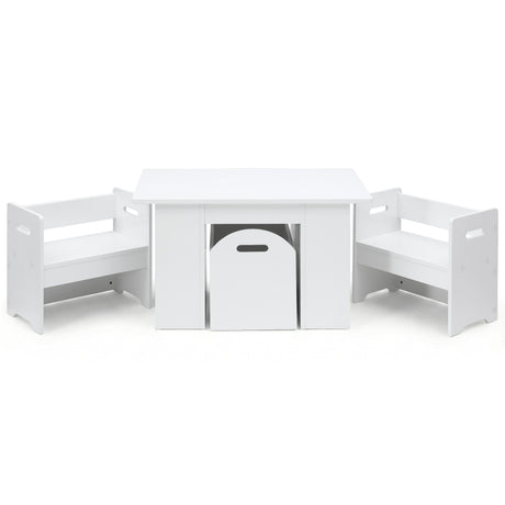 Three piece kids table and chairs set with sliding storage box in white