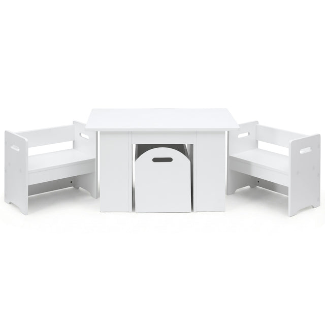 Three piece kids table and chairs set with sliding storage box in white