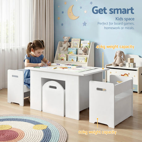 Three piece kids table and chairs set with sliding storage box in white