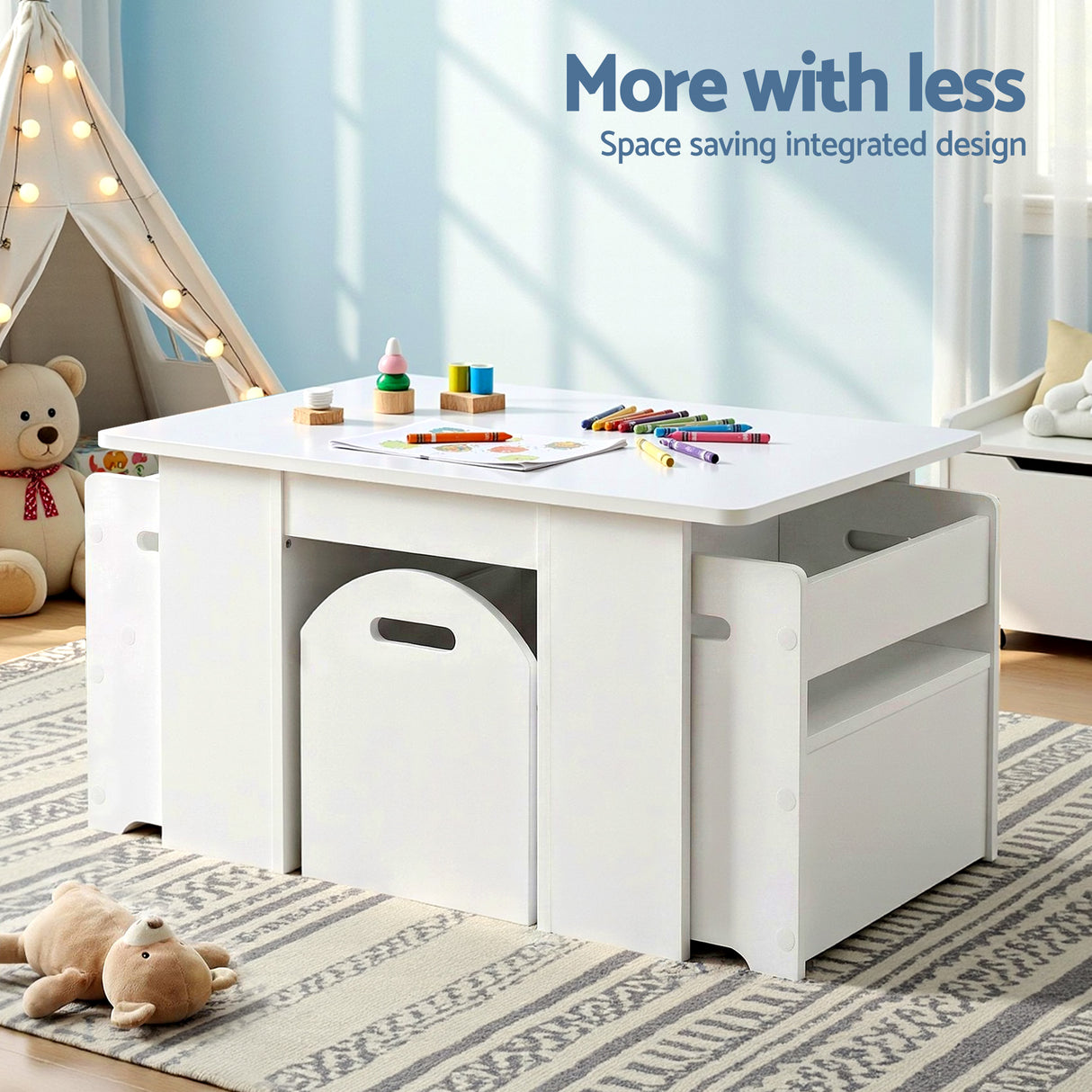 Three piece kids table and chairs set with sliding storage box in white