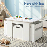 Three piece kids table and chairs set with sliding storage box in white