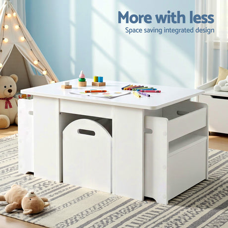 Three piece kids table and chairs set with sliding storage box in white