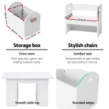 Three piece kids table and chairs set with sliding storage box in white