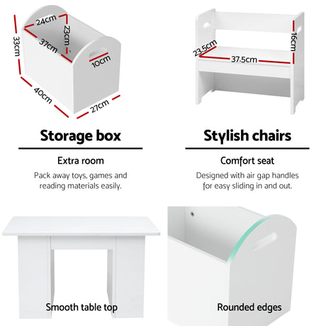 Three piece kids table and chairs set with sliding storage box in white