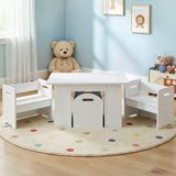 Three piece kids table and chairs set with sliding storage box in white