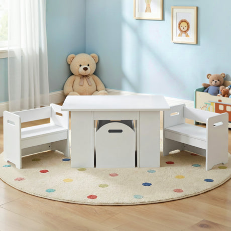 Three piece kids table and chairs set with sliding storage box in white