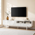 Launceston white 200cm fluted TV entertainment unit with cabinets, drawers and shelves in a living room